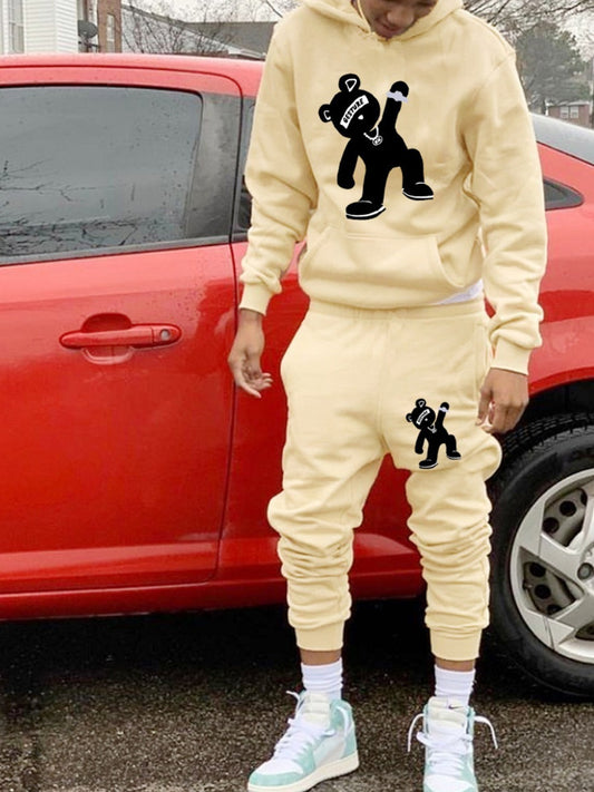 Men Cartoon Letter Print Kangaroo Pocket Tracksuit Set AT8027