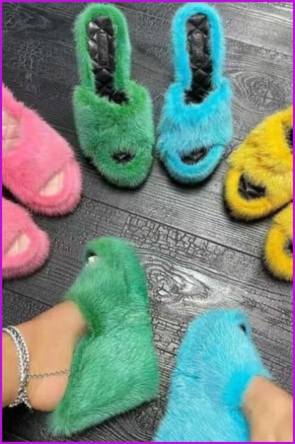 High Heeled Fluffy Fur Slippers F3153 - Furdela Wholesale