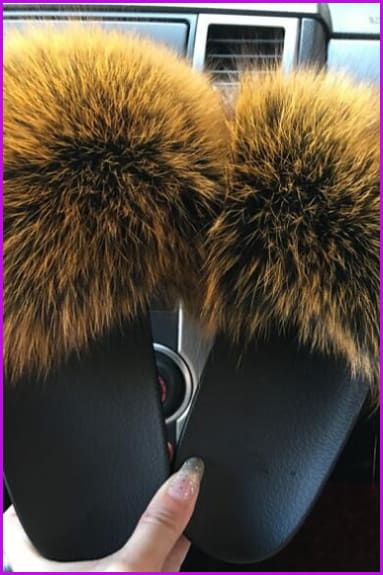 High Quality Black Mixed Golden Fox Full-Pelt Fur Sliders DF020 - Furdela Wholesale