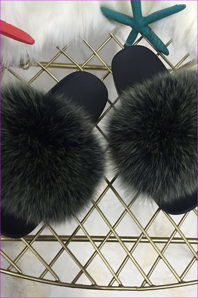 High Quality Black Mixed Green Fox Full-Pelt Fur Sliders DF020 - Furdela Wholesale