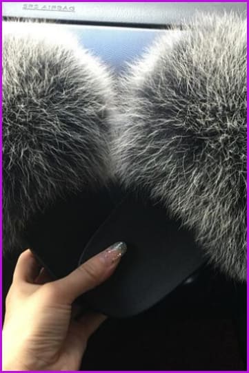 High Quality Black Mixed White Fox Full-Pelt Fur Sliders DF020 - Furdela Wholesale