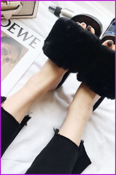 High Quality Black Rabbit Fur Sliders DF023 - Furdela