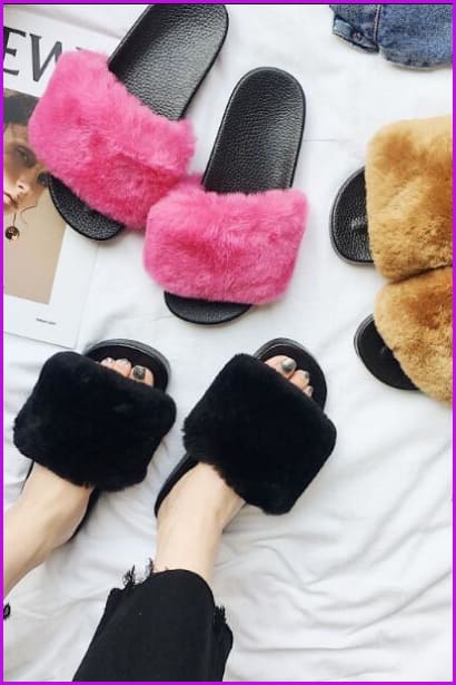 High Quality Black Rabbit Fur Sliders DF023 - Furdela