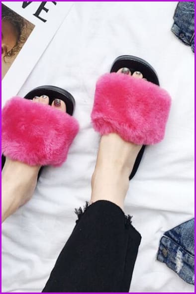 High Quality Hot Pink Rabbit Fur Sliders DF023 - Furdela