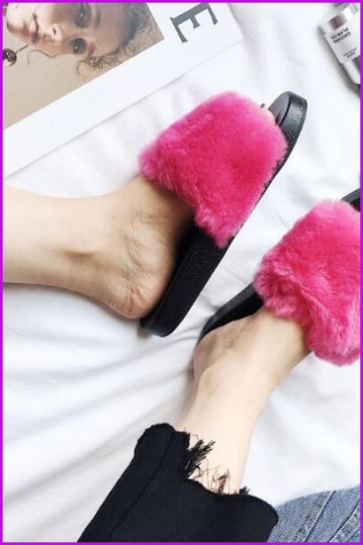 High Quality Hot Pink Rabbit Fur Sliders DF023 - Furdela
