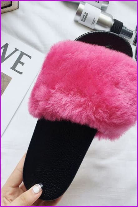 High Quality Hot Pink Rabbit Fur Sliders DF023 - Furdela