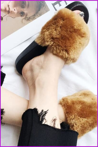 High Quality Yellow Rabbit Fur Sliders DF023 - Furdela Wholesale