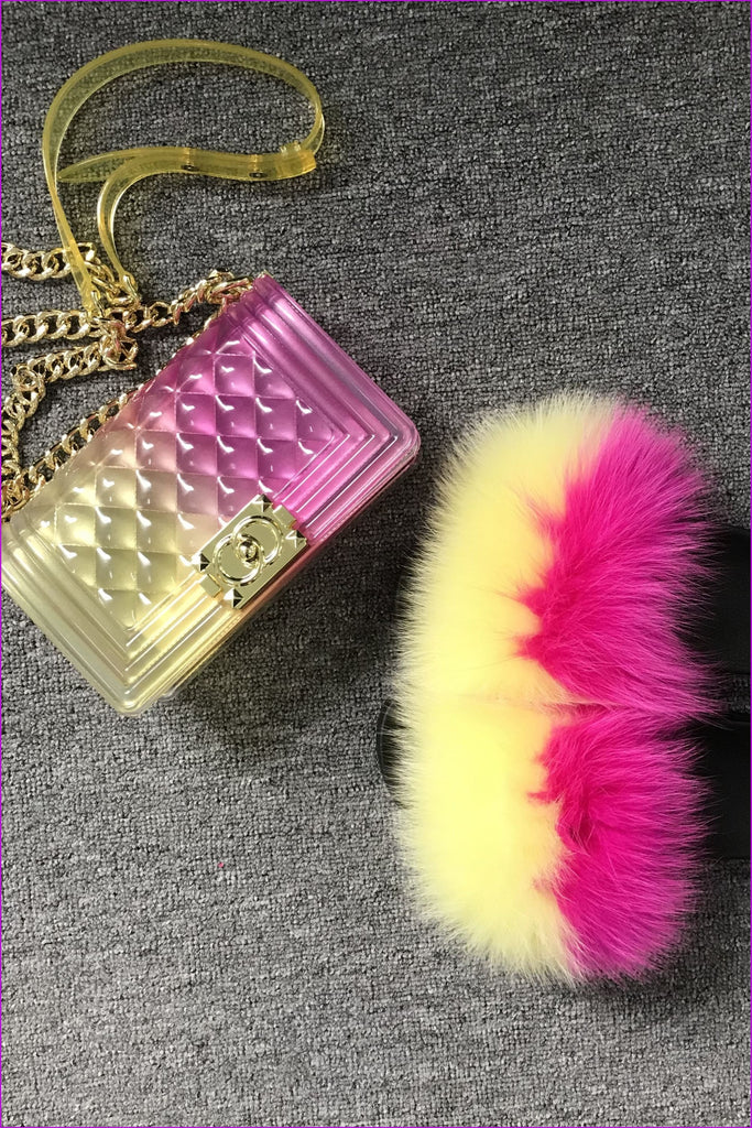 Hot Pink And Yellow Jelly Shoulder Bag And Slides Set - Furdela