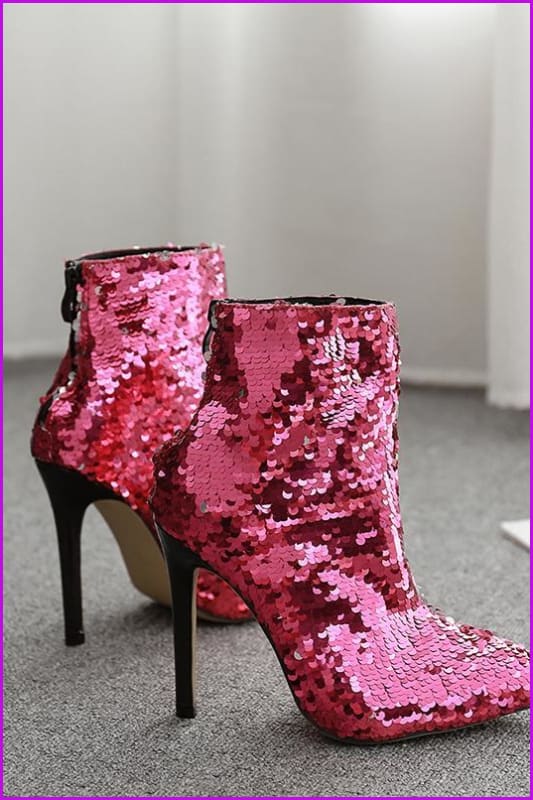 Hot Pink Blingbling Sequin High Heels Boots F328 - Furdela