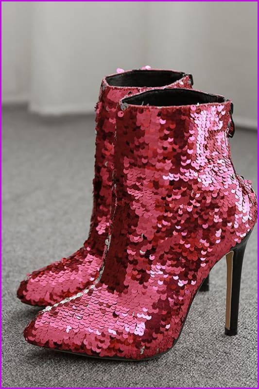 Hot Pink Blingbling Sequin High Heels Boots F328 - Furdela