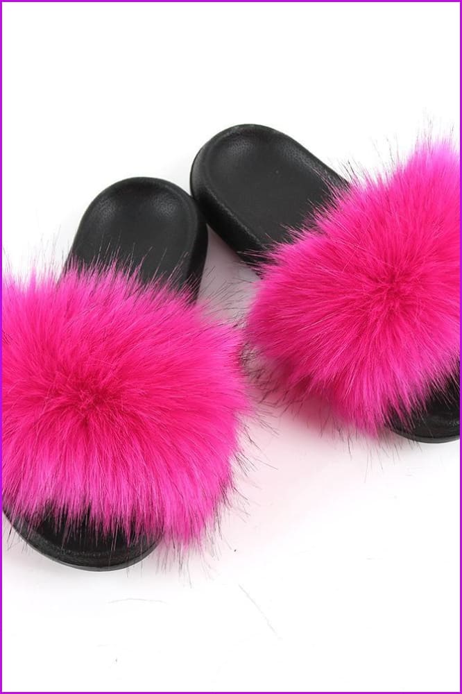 Hot Pink Faux Fake Big Fur Slides F152 - Furdela