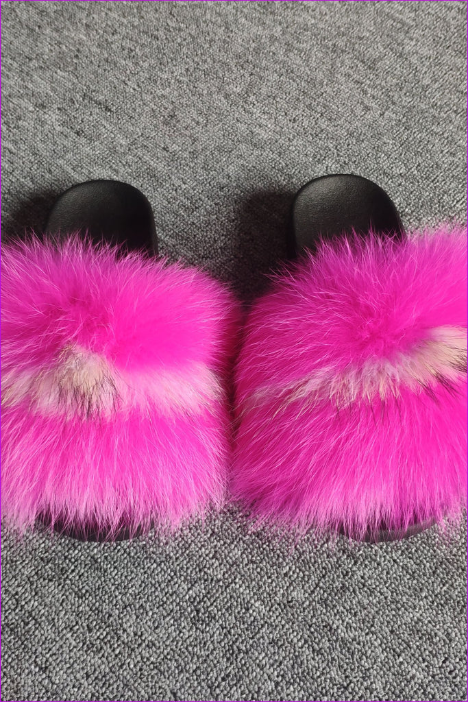 Hot Pink Mixed White Fox Full-Pelt Fur Sliders DF003 - Furdela