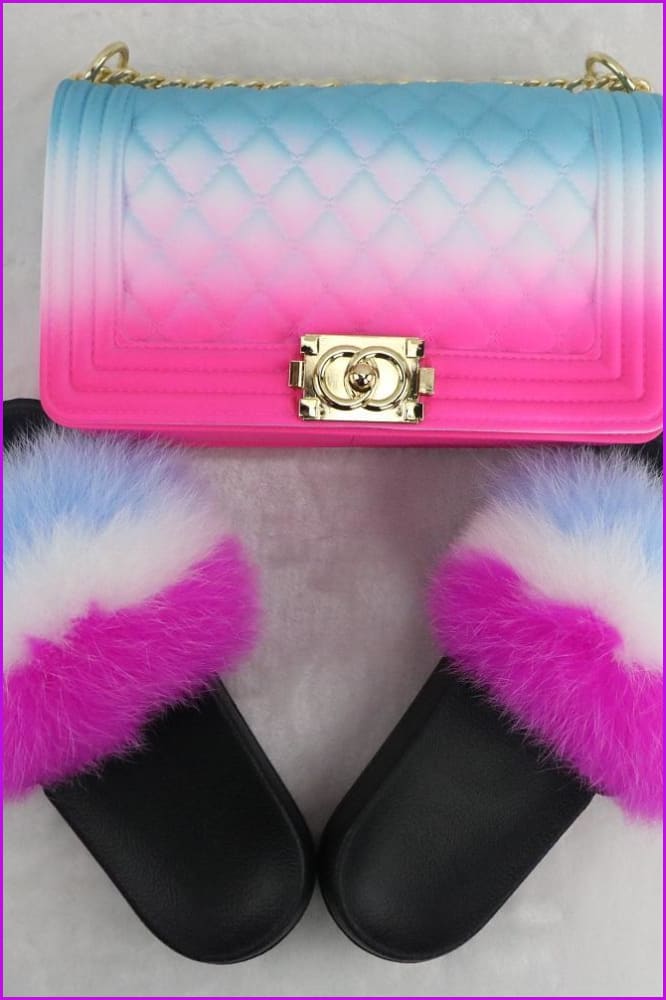 Hot Pink White Blue Fur Slides & Bag Set F727 B04 - Furdela