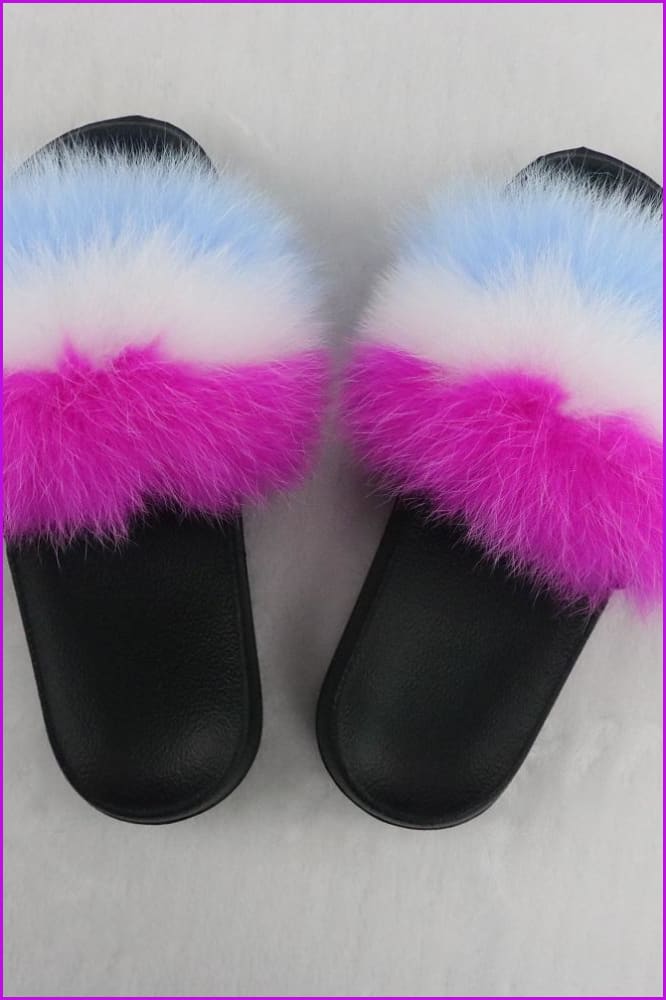 Hot Pink White Blue Mixed Fur Slides F726-04 - Furdela