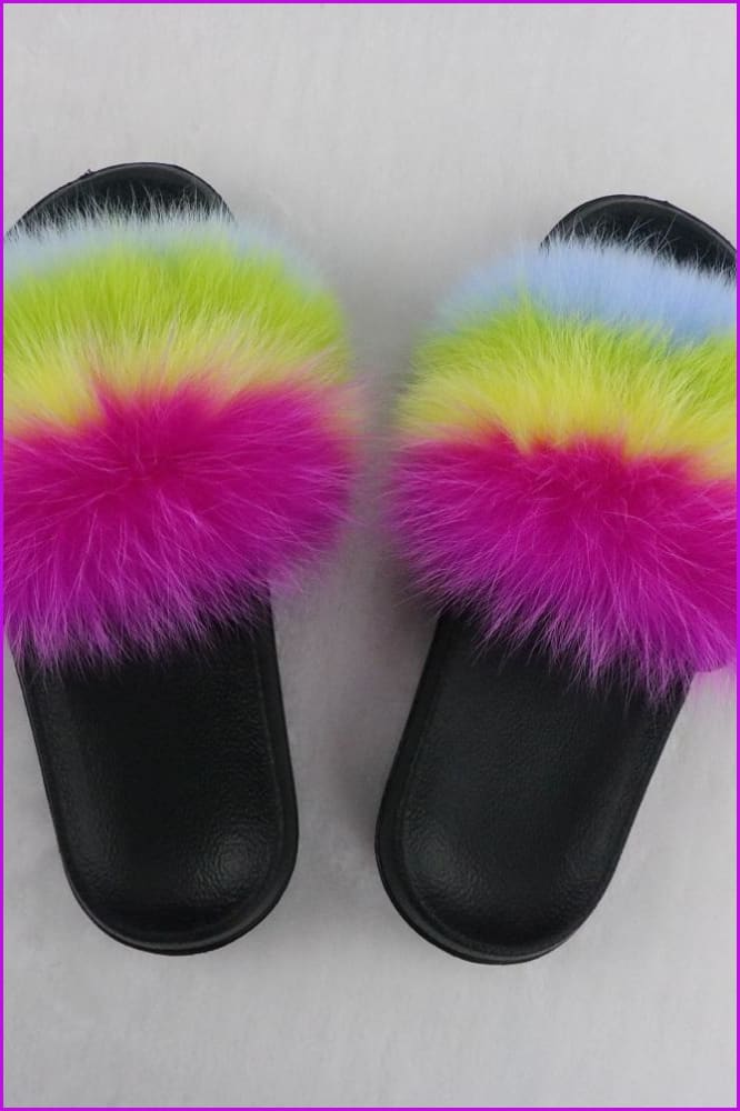 Hot Pink Yellow Green Blue Mixed Fur Slides F726-06 - Furdela