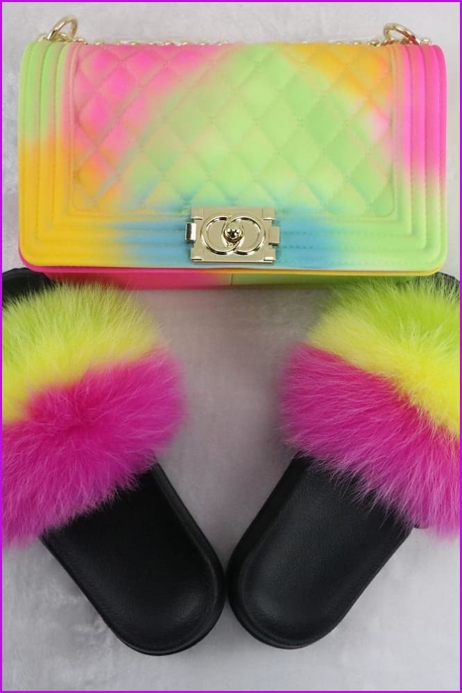Hot Pink Yellow Green Fur Slides & Bag Set F727 B01 - Furdela