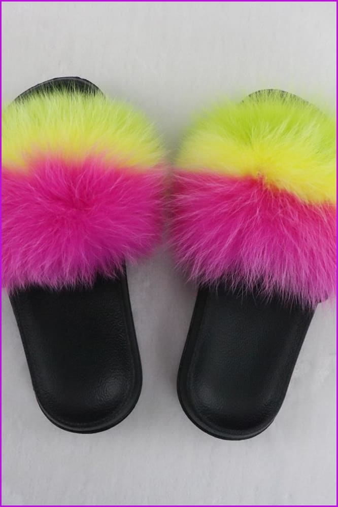 Hot Pink Yellow Green Mixed Fur Slides F726-01 - Furdela
