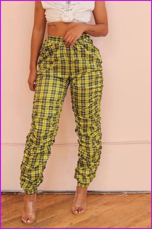 Hot Sale High Waist Ruched Plaid PantsDE960 - Furdela