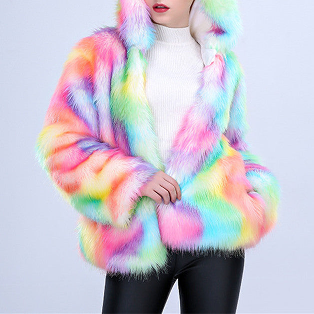 Rainbow Unicorn Winter Women Faux Fur Coat Plus Size - Furdela Wholesale