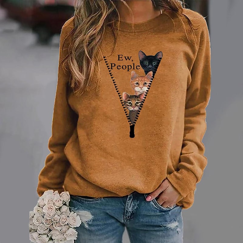 Women's Sweatshirt Pullover Basic Green Blue Purple Cat Street Round Neck Long Sleeve S M L XL 2XL 3XL PC100