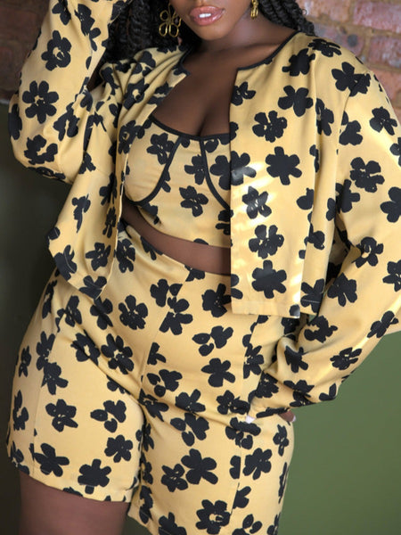 Plus Size Pattern Print Floral Skinny Two-piece Shorts Set BO50116 Furdela