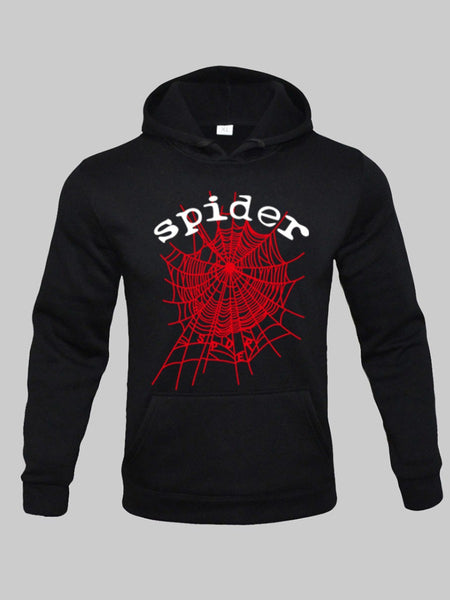 Men Spider Web Letter Print Kangaroo Pocket Hoodie AT9061
