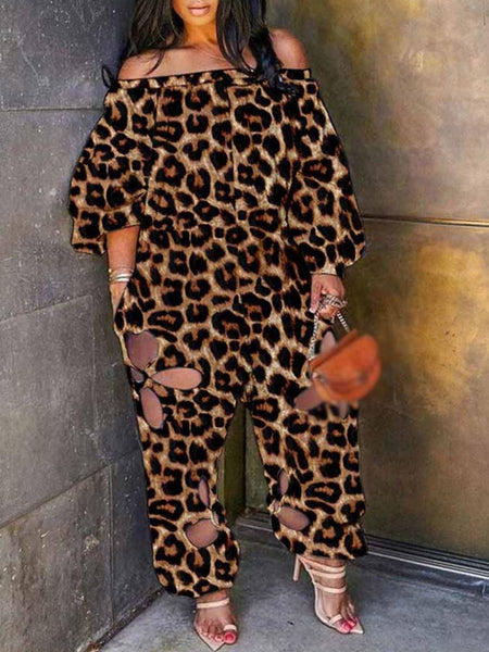Plus Size Off The Shoulder Camo Print Cut Out Jumpsuit AR5022
