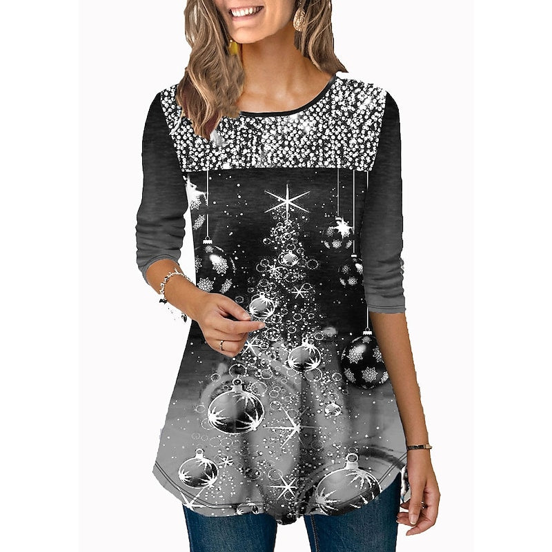 Women's T shirt Tee Tunic Green Black Blue Graphic Christmas Tree Print Long Sleeve Christmas Weekend Christmas Round Neck Long 3D Printed Painting S PC62