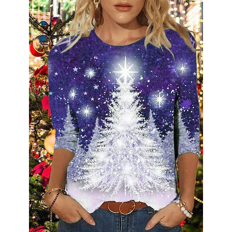 Women's T shirt Tee Green Black Blue Christmas Tree Print Long Sleeve Christmas Weekend Basic Round Neck Regular Floral Painting S PC105