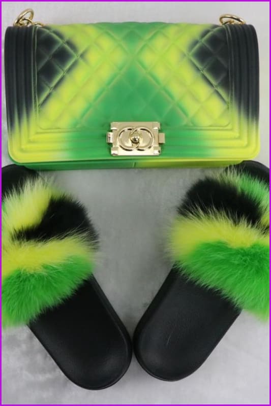 Jamaica Flag Green Yellow Black Fur Slides & Bag Set F727 B12 - Furdela