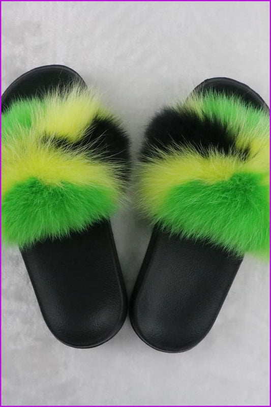 Jamaica Flag Green Yellow Black Mixed Fur Slides F726-10 - Furdela