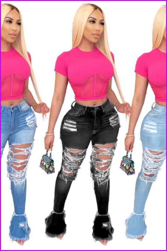 Jeans Woman Fashion Pop Hole Ripped Jeans F776 - Furdela