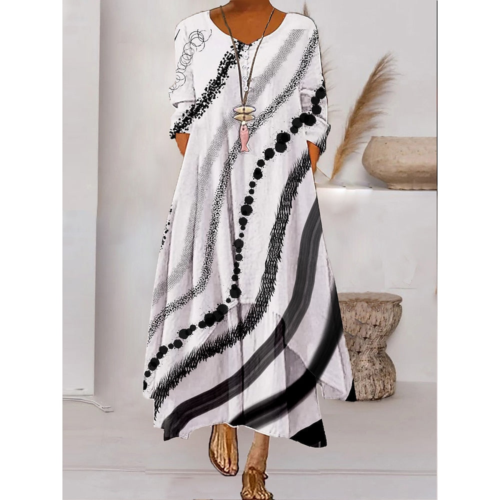 Women s Color Block Long Maxi Dress Button Layered Casual Dress Swing Dress Print Dress Fashion Modern Daily Vacation Weekend 3/4 Length Sleeve Crew Neck Dress Loose Fit Silver Black White AS301