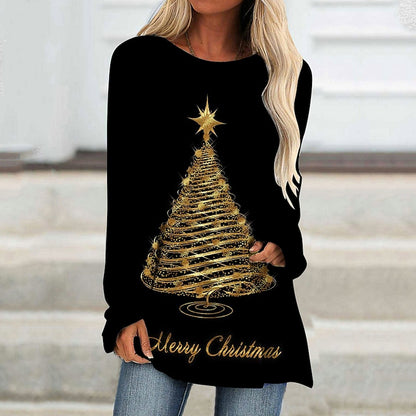 Women's T shirt Tee Black Blue Purple Christmas Tree Print Long Sleeve Christmas Weekend Basic Christmas Round Neck Long Painting S PC88