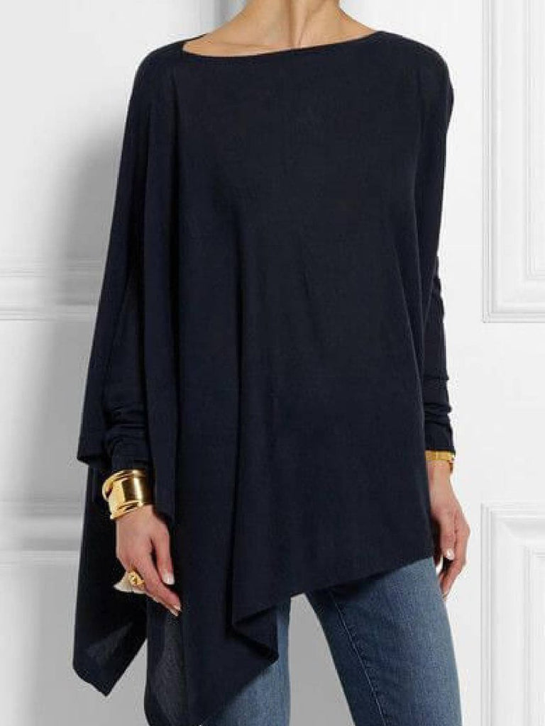 Navy Blue Round Neck Long Sleeve Cotton-Blend T-shirt Tunics ap95