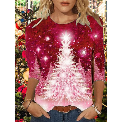 Women's T shirt Tee Green Black Blue Christmas Tree Print Long Sleeve Christmas Weekend Basic Round Neck Regular Floral Painting S PC105