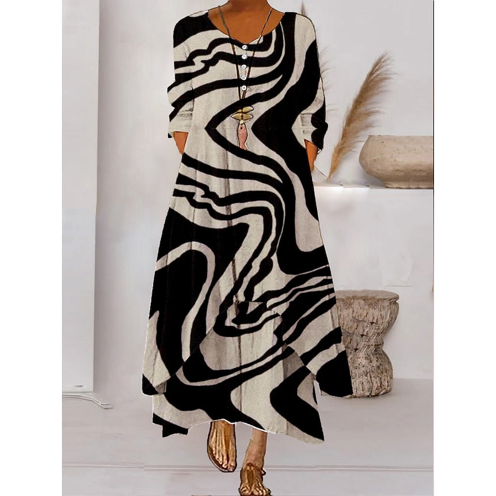 Women s Color Block Long Maxi Dress Button Layered Casual Dress Swing Dress Print Dress Fashion Modern Daily Vacation Weekend 3/4 Length Sleeve Crew Neck Dress Loose Fit Silver Black White AS301