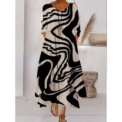 Women s Color Block Long Maxi Dress Button Layered Casual Dress Swing Dress Print Dress Fashion Modern Daily Vacation Weekend 3/4 Length Sleeve Crew Neck Dress Loose Fit Silver Black White AS301