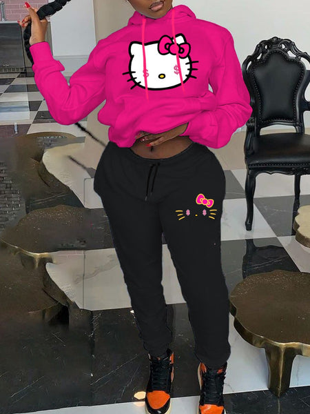 Plus Size Cartoon Print Kangaroo Pocket Tracksuit Set AT9047