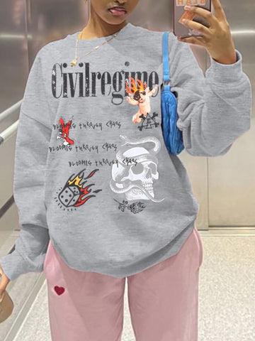 Plus Size Skull Head Letter Print Loose Sweatshirt BO5087 Furdela