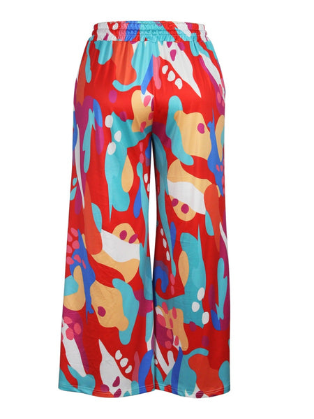 Plus Size Mixed Print Drawstring Wide Leg Pants AT8057