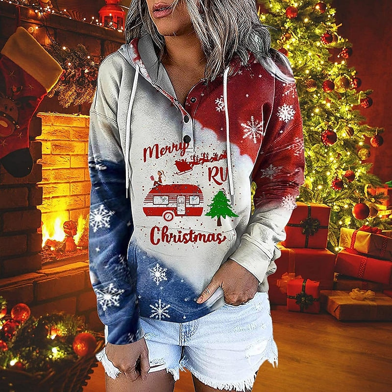 Women's Hoodie Sweatshirt Pullover Streetwear Christmas Front Pocket Print Green White Light Green Elk Christmas Tree Text Christmas Gifts Hooded Long Sleeve Cotton S M L XL XXL / 3D Print PC89