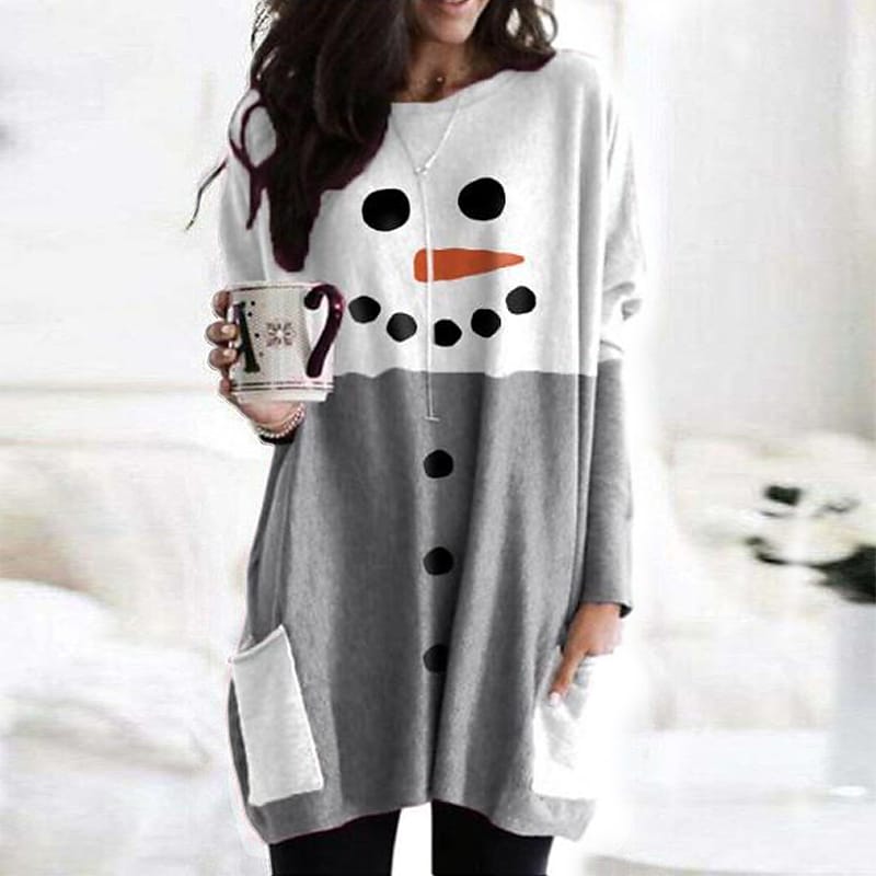 Women's Shirt Striped black striped grey Blue Snowman Pocket Print Long Sleeve Christmas Holiday Casual Round Neck Long M PC98