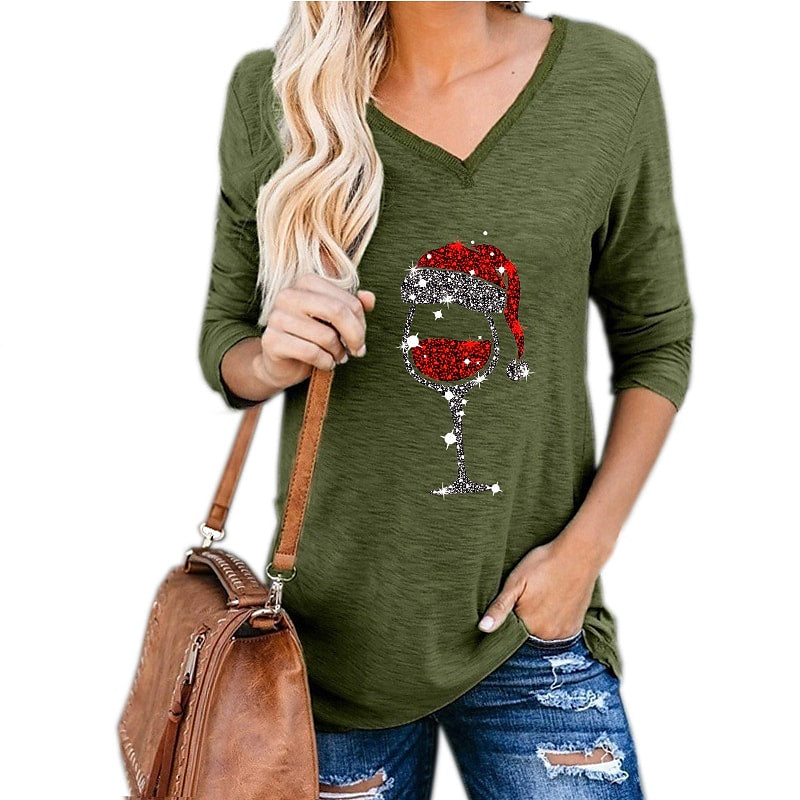 Women's T shirt Tee ArmyGreen Black Blue Dandelion Wine Glass Print Long Sleeve Christmas Casual Basic Christmas V Neck Regular S PC111