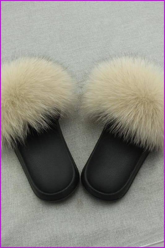 Khaki Fox Full-Pelt Fur Sliders DF003 - Furdela Wholesale