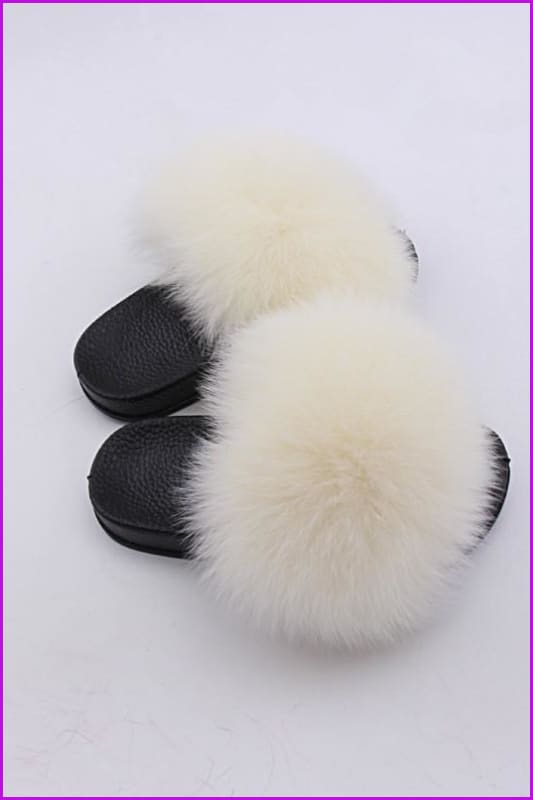 Kids Beige Fox Fur Sliders F003 - Furdela