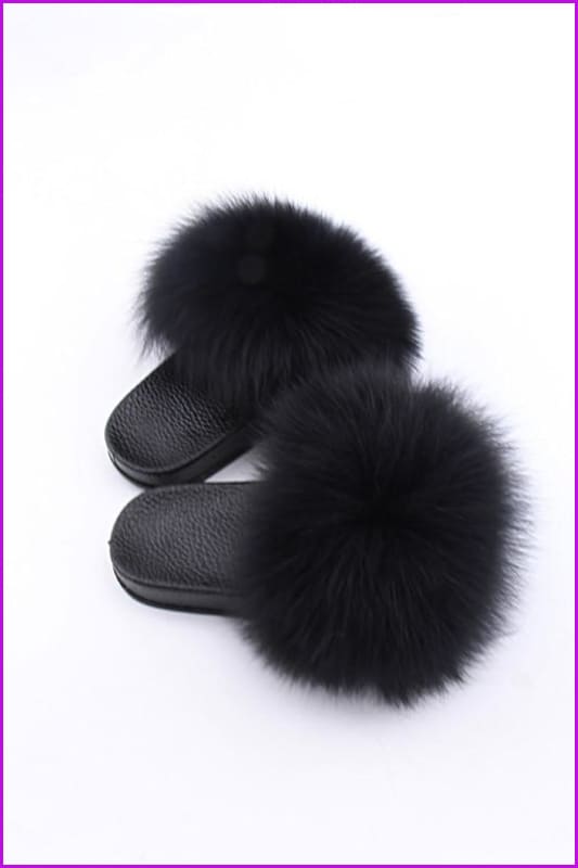 Kids Black Fox Fur Sliders F003 - Furdela