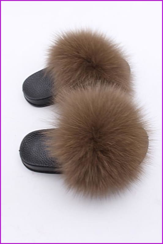 Kids Coffee Fox Fur Sliders F003 - Furdela