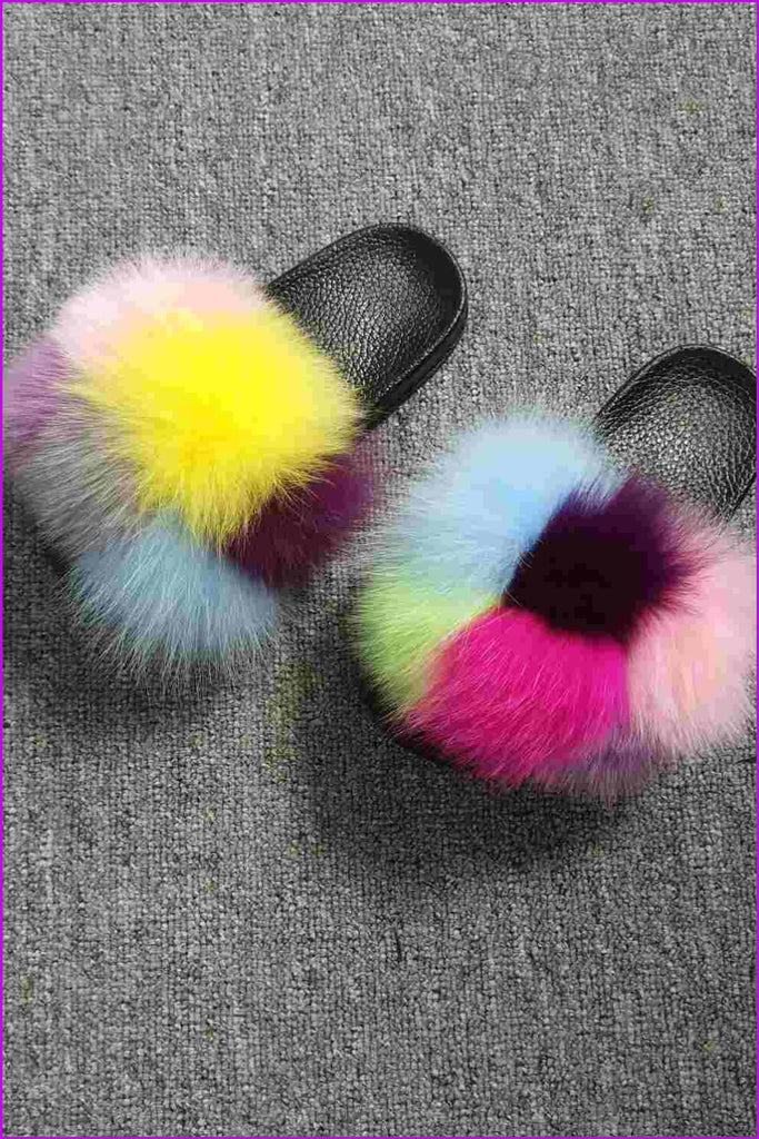 Kids Colorful Fox Fur Sliders F003 - Furdela Wholesale