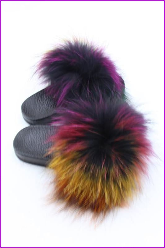 Kids Colorful Raccoon Fur Sliders F003 - Furdela